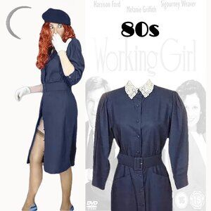 Navy Linen Dress Long Sleeves, White Lace Collar Modest Vintage 80s